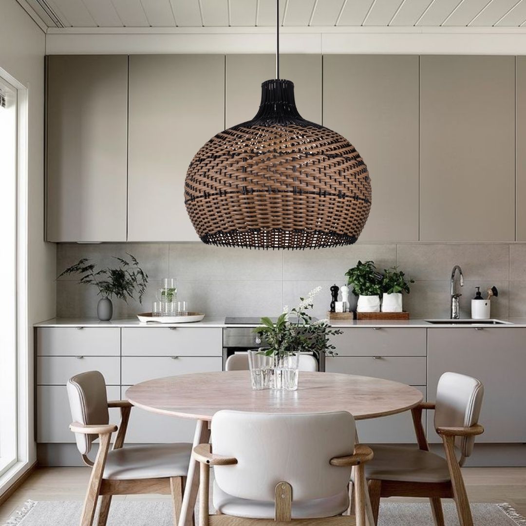 Dark Color Black Brown Stripes Rattan Pendant Shade Hardwired Light Fixture-labpiecesign