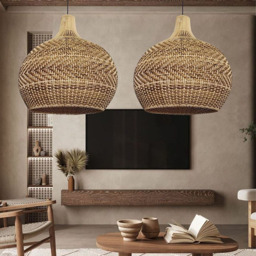 Brown Rustic Handwoven Rattan Pendant Light Lampshade For Living Room ...