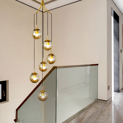 Minimalistic Glass Chandelier Bubble Spiral Staircase Ball Brass Long Pendant Light-labpiecesign