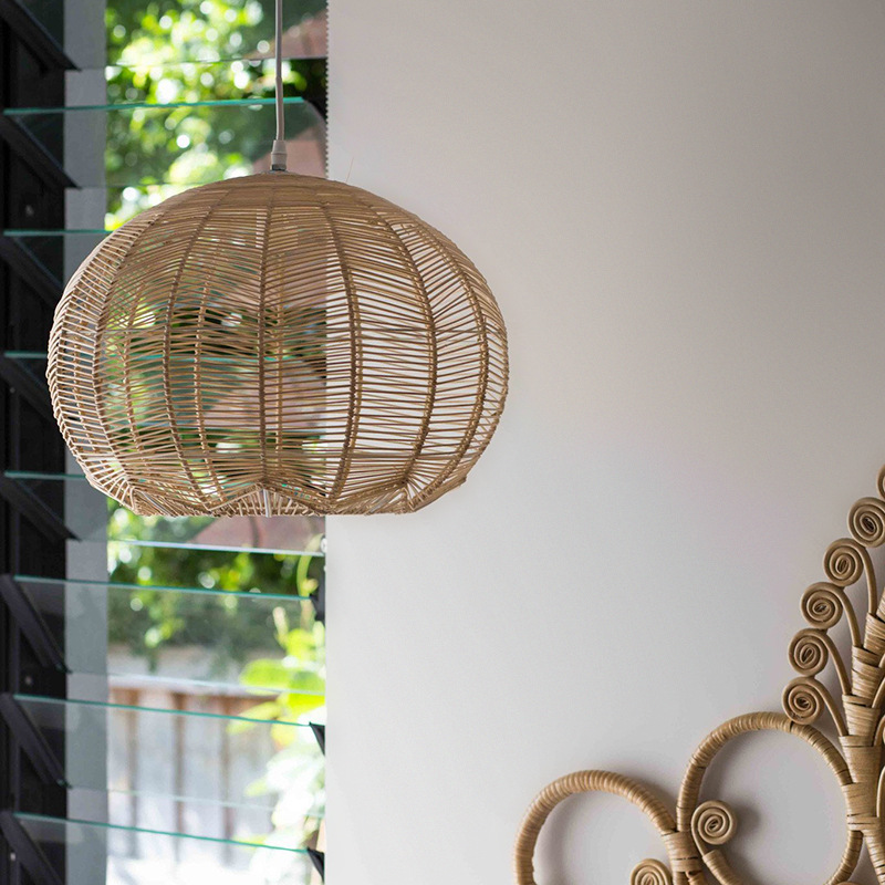 Boho Round Rattan Pendant Light Japanese-style Woven Wicker Lampshade Light Fixture