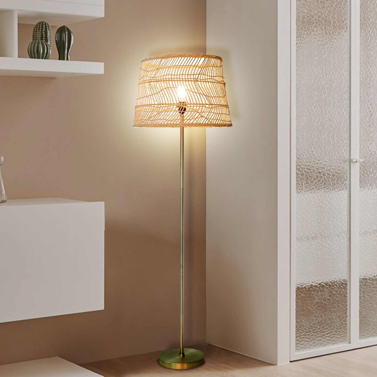 Open Weave Cane Rib Floor Lamp - Natural Shade with Brass Colored Stand
