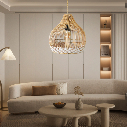 Vintage Handmade Bamboo White Thread Rattan Pendant Lamp Shade For Dining room-labpiecesign