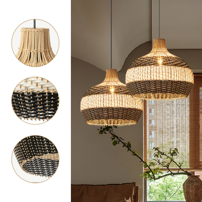 Black White Stripes Rattan Pendant Shade Hardwired Light Fixture-labpiecesign