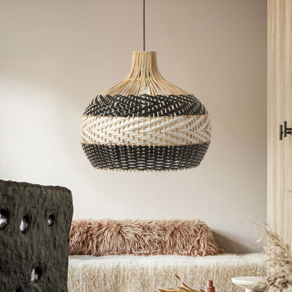 Black White Stripes Rattan Pendant Shade Hardwired Light Fixture-labpiecesign