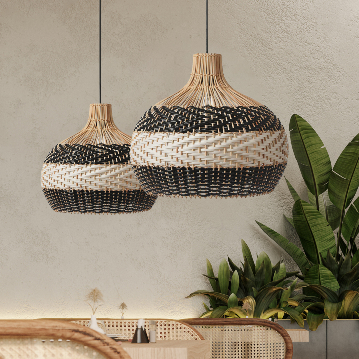 Black White Stripes Rattan Pendant Shade Hardwired Light Fixture