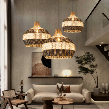 Black White Stripes Rattan Pendant Shade Hardwired Light Fixture-labpiecesign