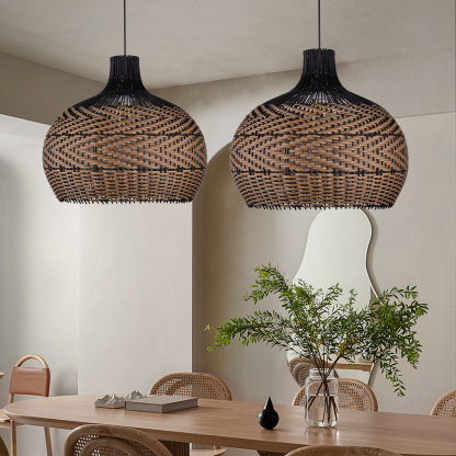 Dark Color Black Brown Stripes Rattan Pendant Shade Hardwired Light Fixture-labpiecesign