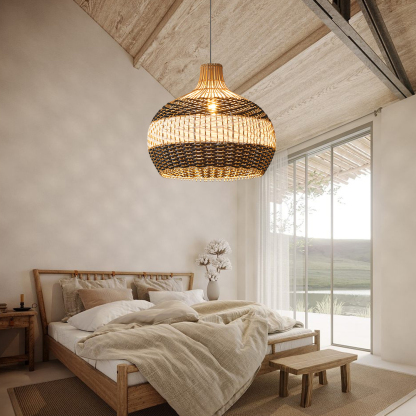 Black White Stripes Rattan Pendant Shade Hardwired Light Fixture-labpiecesign