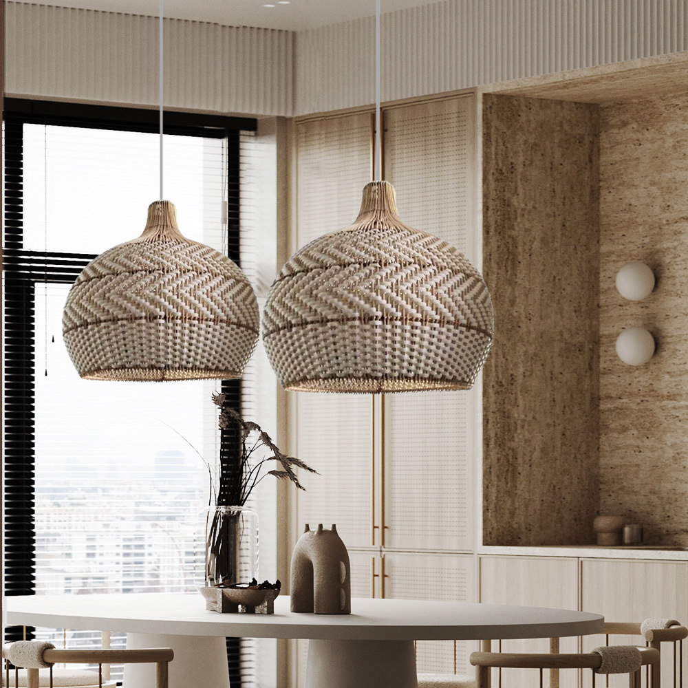 White Lampshade Rattan Woven Pendant Light For Dinning Room