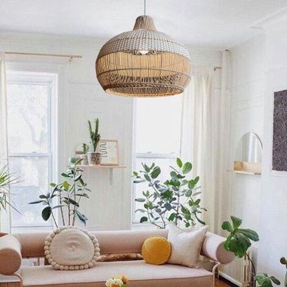 Handwoven Rattan Kitchen Island White Pendant Lighting Wicker Lamp Shade-labpiecesign