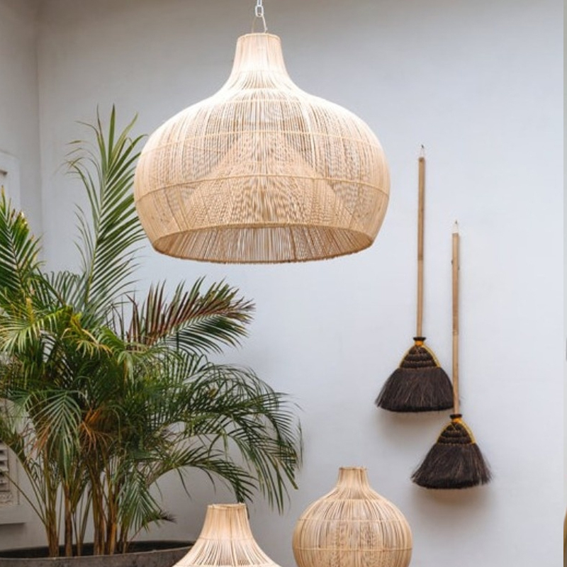 Vintage Handmade Double Layer Wicker Basket Lamp Rattan Pendant Light
