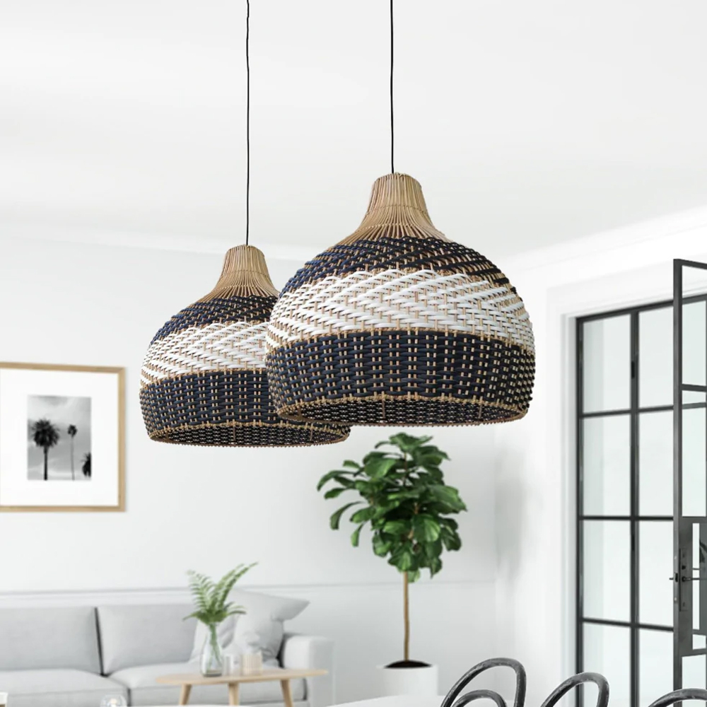 Black & White Stripe Home Decor Lampshade Rattan Pendant Light