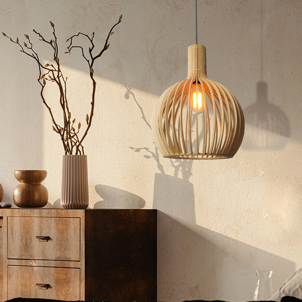 Nordic Wooden Birdcage Pendant Lighting Fixture For Dining Room