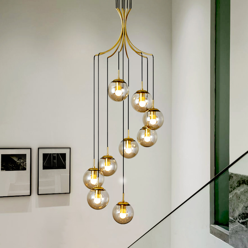 Minimalistic Bubble Spiral Staircase Ball Brass long chandelier Glass Pendant Light