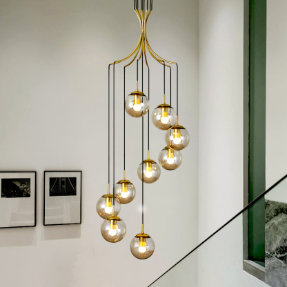 Minimalistic Glass Chandelier Bubble Spiral Staircase Ball Brass Long Pendant Light-labpiecesign