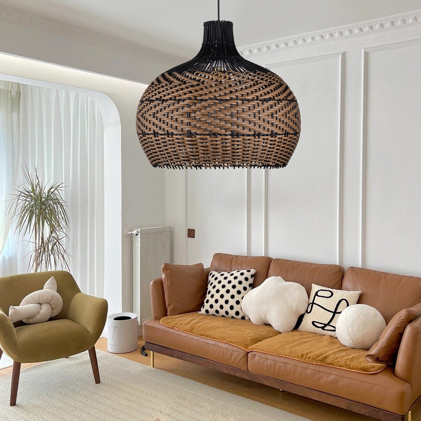 Dark Color Black Brown Stripes Rattan Pendant Shade Hardwired Light Fixture-labpiecesign
