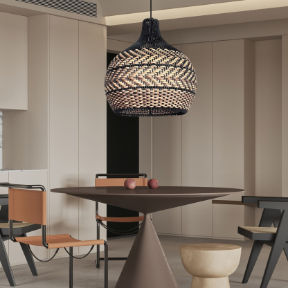 Minimalism Black and Neutral Tone Rattan Ceiling Light Fixture Woven Pendant Lampshade-labpiecesign