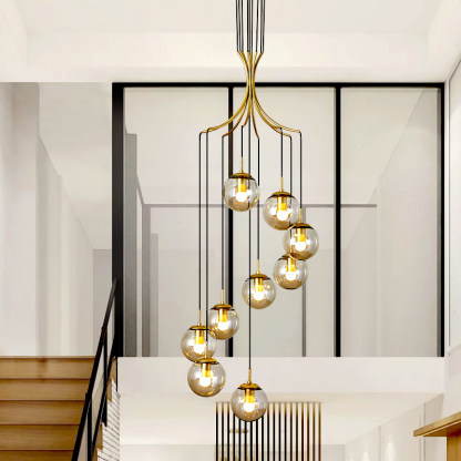 Minimalistic Glass Chandelier Bubble Spiral Staircase Ball Brass Long Pendant Light-labpiecesign