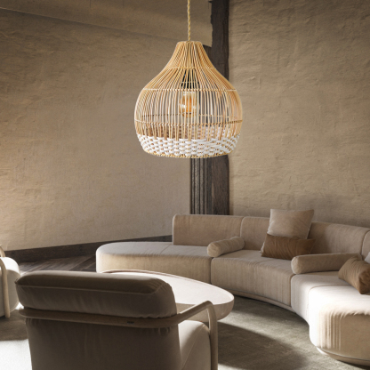 Vintage Handmade Bamboo White Thread Rattan Pendant Lamp Shade For Dining room-labpiecesign