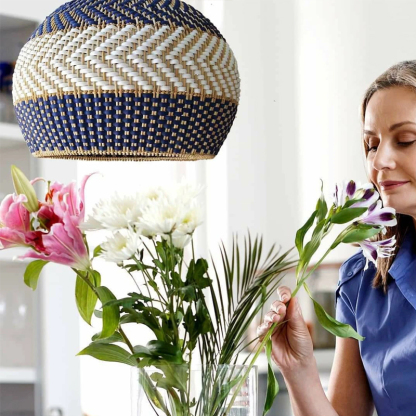 Blue Rattan Pendant Light Handmade Unique Round Lamp-labpiecesign