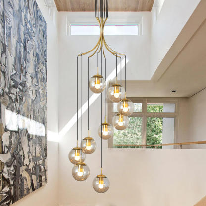 Minimalistic Glass Chandelier Bubble Spiral Staircase Ball Brass Long Pendant Light-labpiecesign