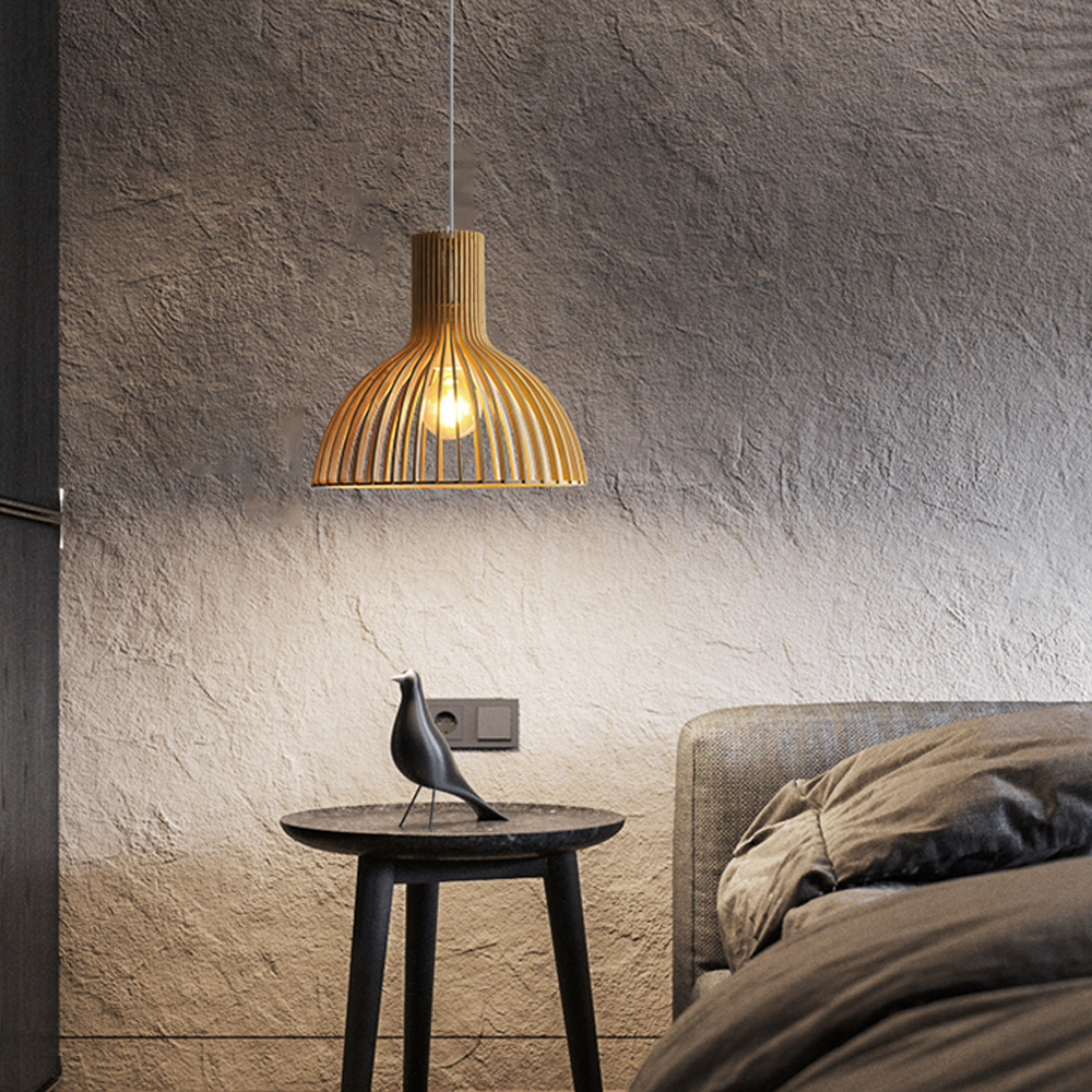 Wooden Pendant Light Minimalist Bedside Hanging Lampshades Hand Woven Lamp