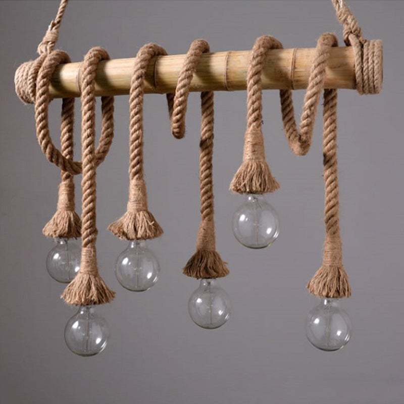 Vintage Bamboo Rope Chandelier Hemp Rope Pendant Lamp