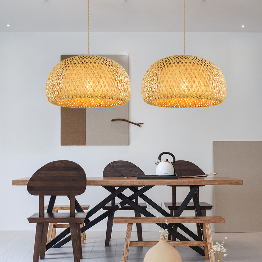 Double Layer Woven Bamboo Pendant Light Lampshade For Bedroom