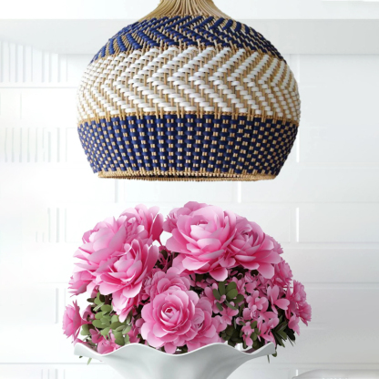 Blue Rattan Pendant Light Handmade Unique Round Lamp-labpiecesign
