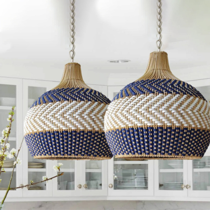 Blue Rattan Pendant Light Handmade Unique Round Lamp-labpiecesign