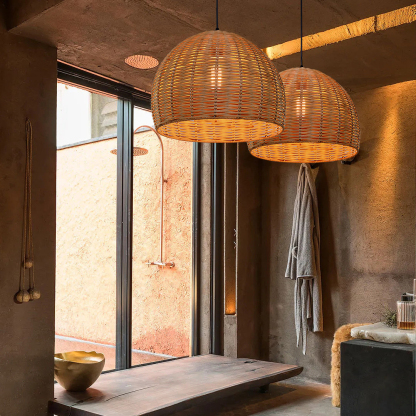 Boho Round Basket Handemade Bamboo Pendant Light-labpiecesign