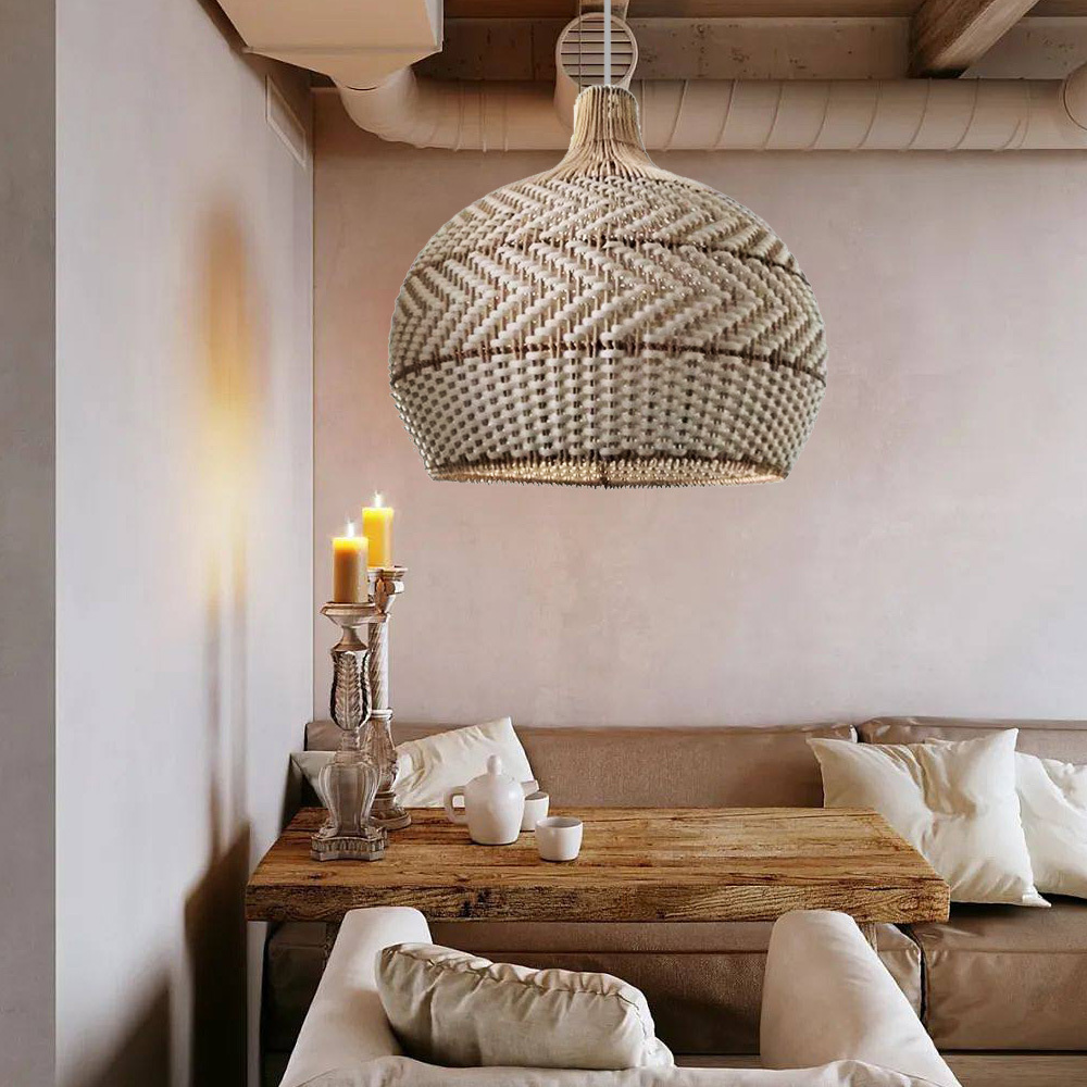 White Lampshade Rattan Woven Pendant Light For Dinning Room