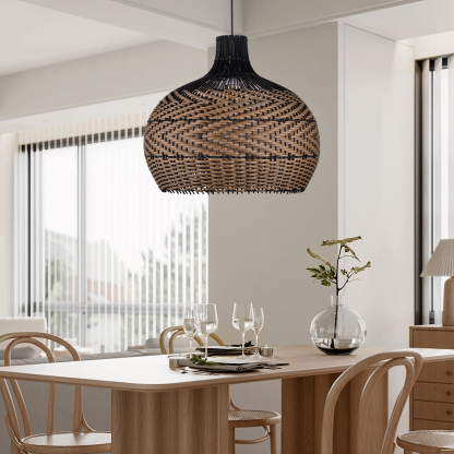 Dark Color Black Brown Stripes Rattan Pendant Shade Hardwired Light Fixture-labpiecesign