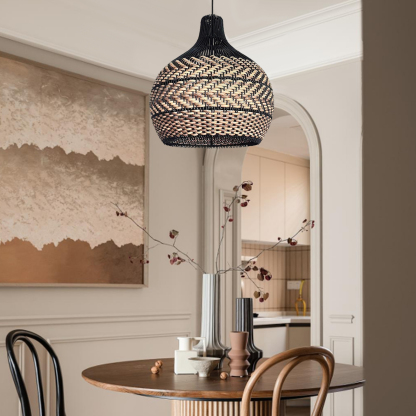 Minimalism Black and Neutral Tone Rattan Ceiling Light Fixture Woven Pendant Lampshade-labpiecesign