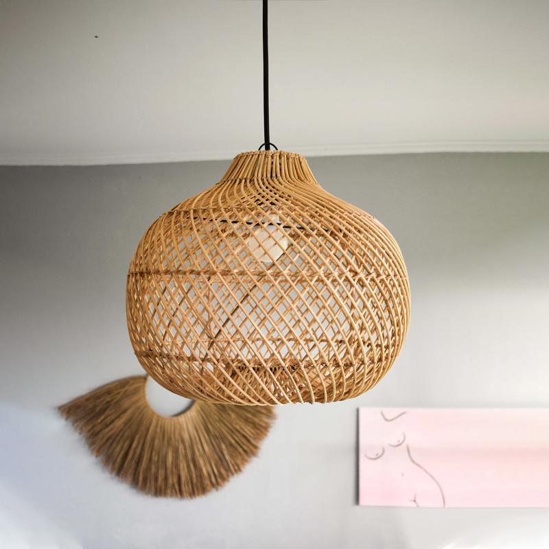 Lantern Shape Rattan Pendant Light Handmade Wicker Lampshades For Dining Room Black Braided Hanging Lamp