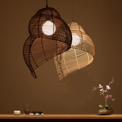 Retro Rattan Wave Shade Pendant Light Wicker Lampshade-labpiecesign