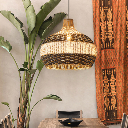 Black White Stripes Rattan Pendant Shade Hardwired Light Fixture-labpiecesign