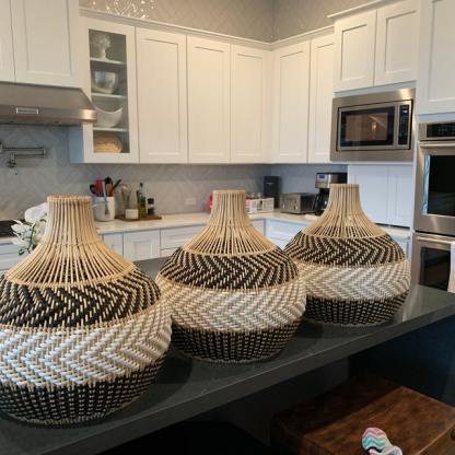 Black White Stripes Rattan Pendant Shade Hardwired Light Fixture-labpiecesign