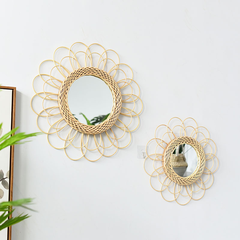 Rattan Mirror Round Wall Hanging Ornament Pendant Decorative Wall Makeup Mirror Bathroom Mirror Braided Nordic Sunglasses