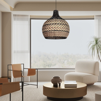 Minimalism Black and Neutral Tone Rattan Ceiling Light Fixture Woven Pendant Lampshade-labpiecesign