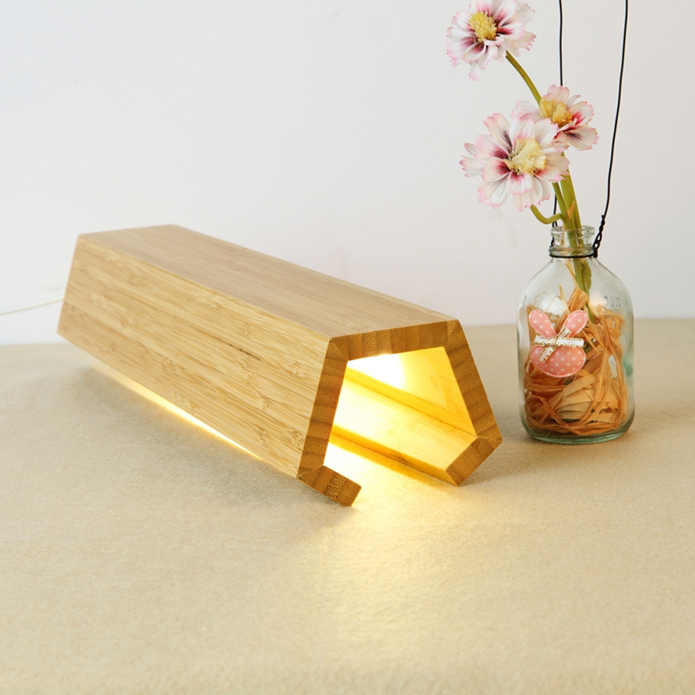 Retro Wood Pentagonal Led Table Lamp With USB For Bedroom