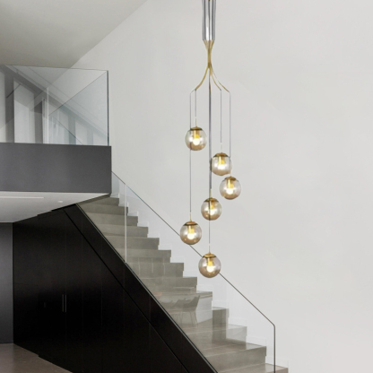 Minimalistic Glass Chandelier Bubble Spiral Staircase Ball Brass Long Pendant Light-labpiecesign