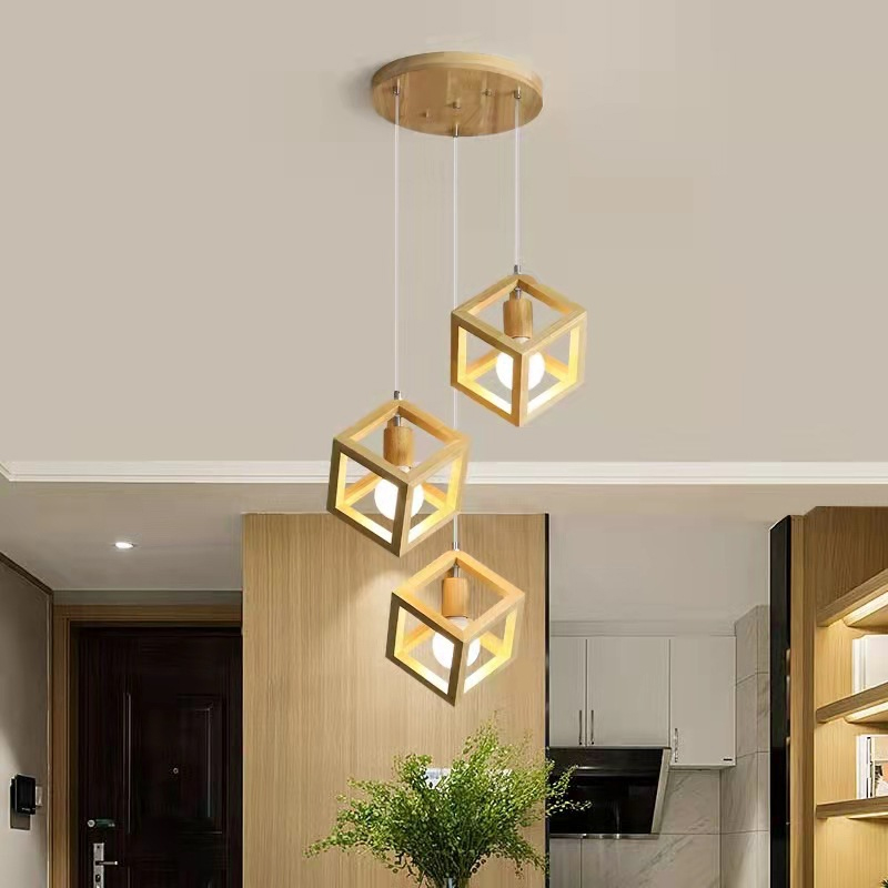 Nordic Square Wood Chandelier 3 Head Hardwired Ceiling Light Triangle Lamp