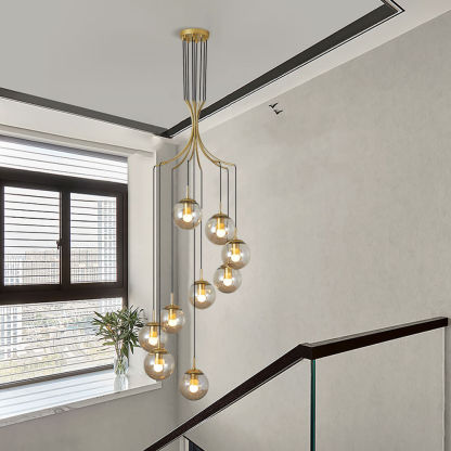 Minimalistic Glass Chandelier Bubble Spiral Staircase Ball Brass Long Pendant Light-labpiecesign