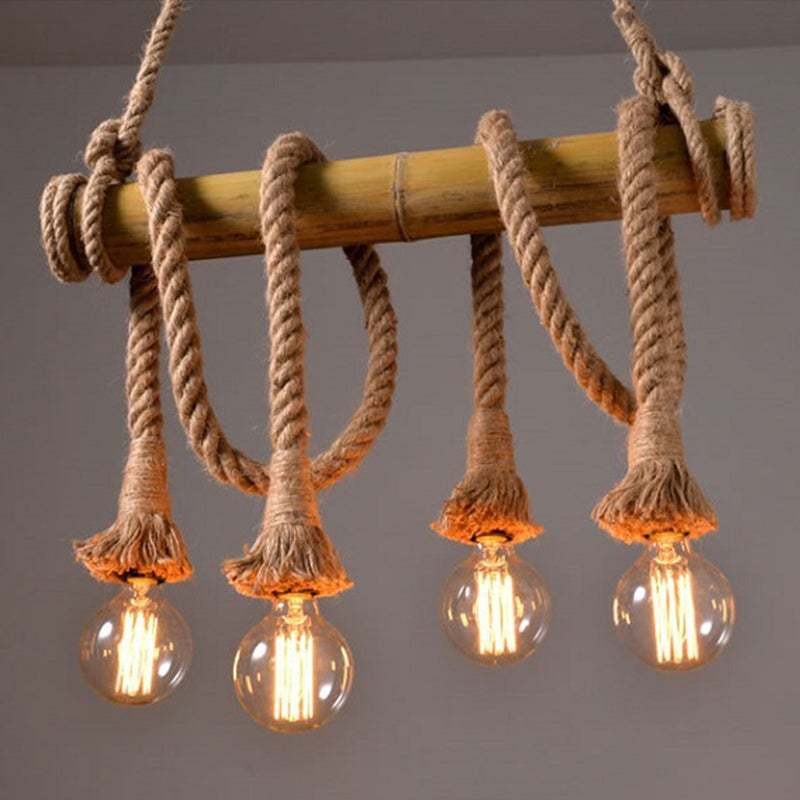 Vintage Bamboo Rope Chandelier Hemp Rope Pendant Lamp