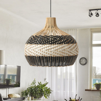 Black White Stripes Rattan Pendant Shade Hardwired Light Fixture-labpiecesign