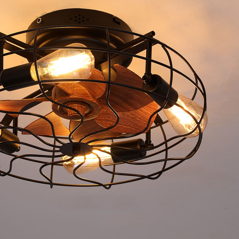 4-Light Industrial-Style Iron Cage Ceiling Fan Light