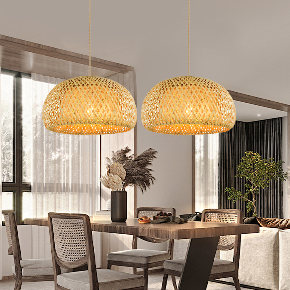 Double Layer Woven Bamboo Pendant Light Lampshade For Bedroom