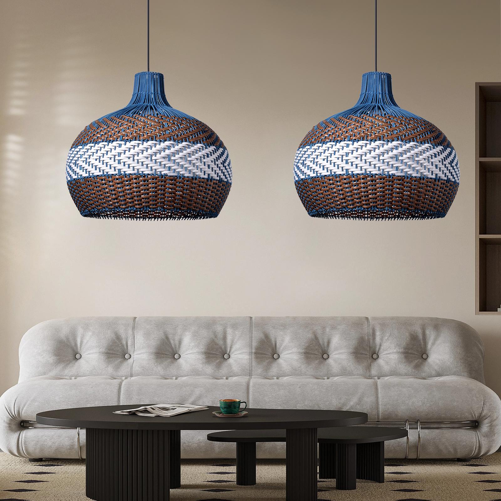 Blue And Brown Striped Rattan Art Pendant Lights
