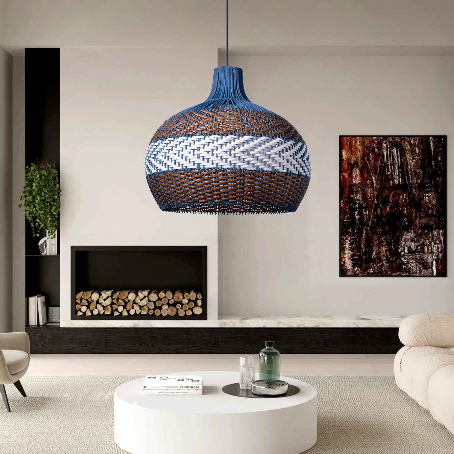 Blue And Brown Striped Rattan Art Pendant Lights